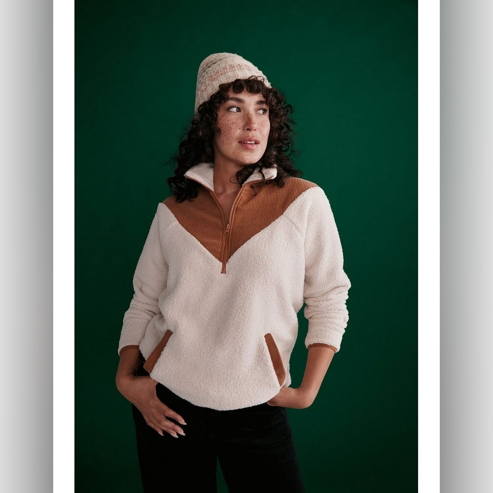 Cozy Time and Tru Quarter-Zip Sherpa Teddy Sweatshirt With Corduroy Details M
